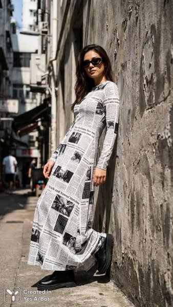 Городской стиль в газете: смелый образ с длинными рукавами и контрастом. Картинка из нейронной сети Nano-Banana