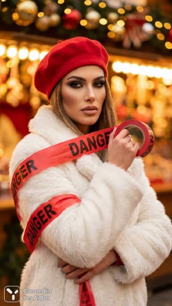 Роковая красотка в красном и белом: зимняя фотосессия с огнем. Генерация из нейросети Nano Banana