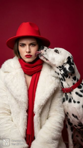 Элегантная дама и верный далматинец в роскошной обстановке праздничного настроения. Картинка из нейронной сети NanoBanana