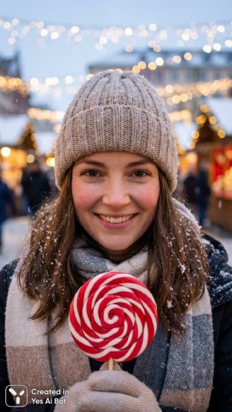 Зимнее очарование: портрет женщины с леденцом в праздничном свете фонарей. Картинка из нейронной сети Нано Банана