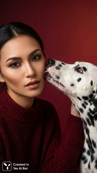 Красивая женщина с далматином и алой страстью в деталях. Генерация из нейронной сети Nano Banana