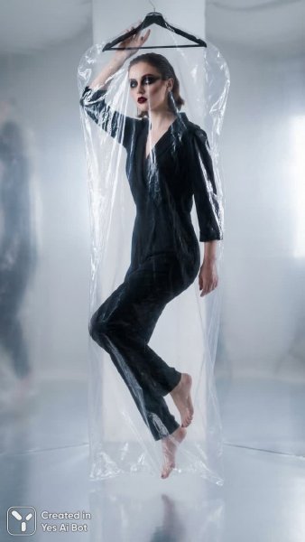 Женщина в черном: сюрреалистичный портрет в прозрачном плену. Генерация из нейронной сети Nano Banana