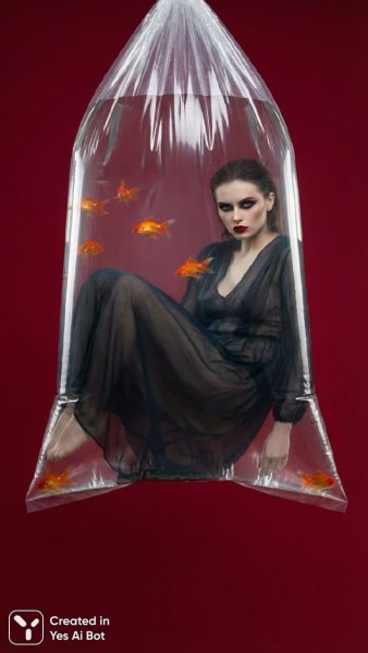 Плавающая женщина в аквариуме с золотыми рыбками и драматичным макияжем. Картинка из нейронной сети Nano Banana