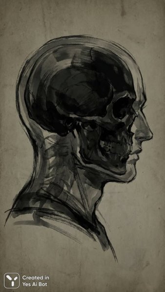 Череп внутри головы: минимализм в стиле Синкава и темная цветовая палитра. Изображение из нейронной сети NanoBanana