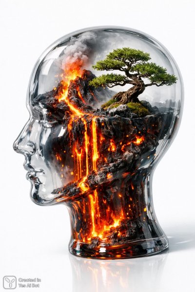 Стеклянная голова: природа, технологии и сюрреализм в гиперреализме. Картинка из нейросети Sora Image