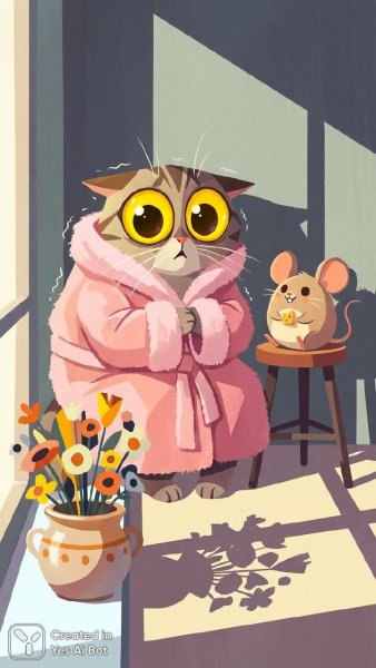 Испуганная кошка в розовом халате и огромная мышь: забавный сюрреалистичный момент. Изображение из нейронной сети Нано Банана
