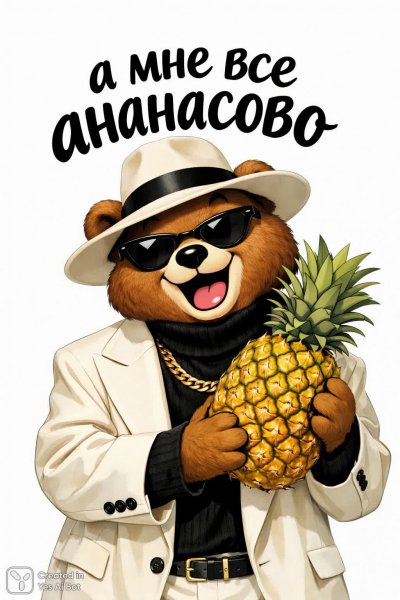 Веселый медвежонок с ананасом и забавной надписью. Картинка из нейронной сети Sora Ai Images