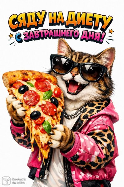 Кот и пицца: объявление о диете откладывается до завтрашнего дня!. Генерация из нейронной сети Sora Ai Images