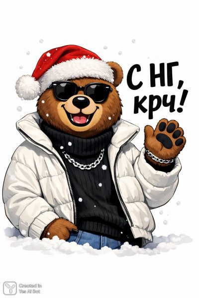 Весёлый медвежонок поздравляет с Новым годом и желает отличного настроения всем вокруг!. Генерация из нейросети Sora Image