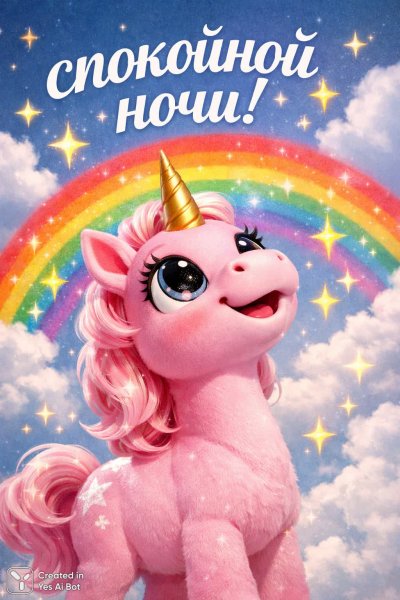 Сладкие сны с розовым единорогом под звездным небом и радугой. Нейросеть Sora images Ai