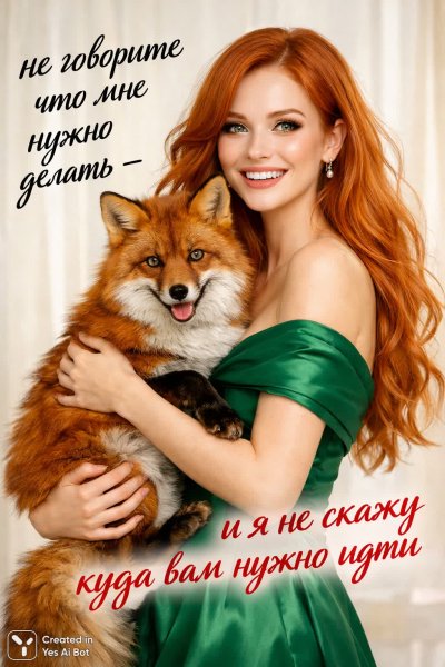 Рыжая красавица с лисичкой: мудрый совет и радостный взгляд. Картинка из нейросети Sora Ai Images