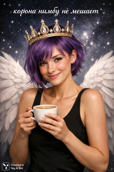 Небесная королева с кофе: утреннее вдохновение и фиолетовые блики. Картинка из нейронной сети Sora Images