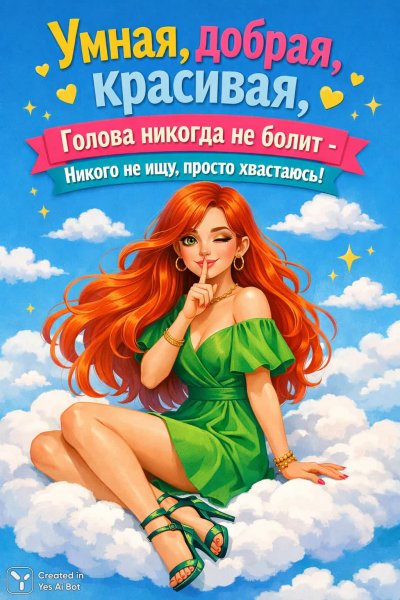 Рыжая мечтательница на облаке: позитив, красота и немного юмора. Генерация из нейросети Sora Ai Images