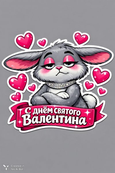 Зайка-валентинка: милый стикер ко дню всех влюбленных с розовыми сердечками и забавным выражением лица. Нейросеть Sora Image