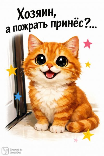 Рыжий кот и ожидание угощения: милый взгляд у двери. Нейронная сеть Sora Images