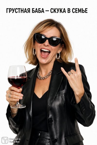 Веселая рокерша с вином и забавной надписью на фоне. Изображение из нейронной сети Sora Image