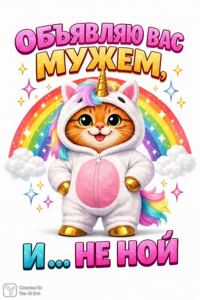 Рыжий кот-единорог: Свадебное объявление с юмором. Картинка из нейросети Sora