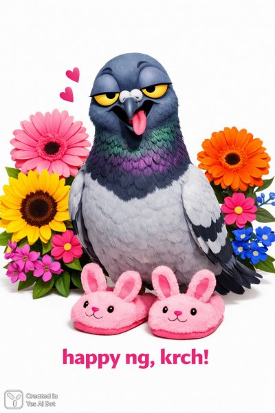 Голубок в тапочках: веселое новогоднее поздравление в стиле минимализм. Изображение из нейросети Sora