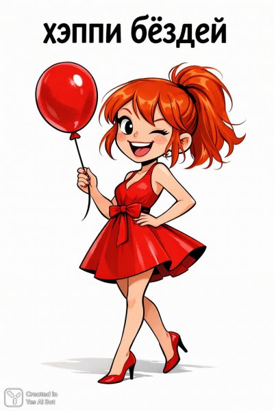 Веселая рыжая девчонка в ярком праздничном образе. Изображение из нейронной сети Sora Image