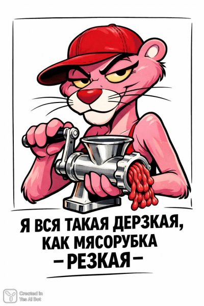 Дерзкая пантера с мясорубкой: комичный вызов. Картинка из нейронной сети Sora
