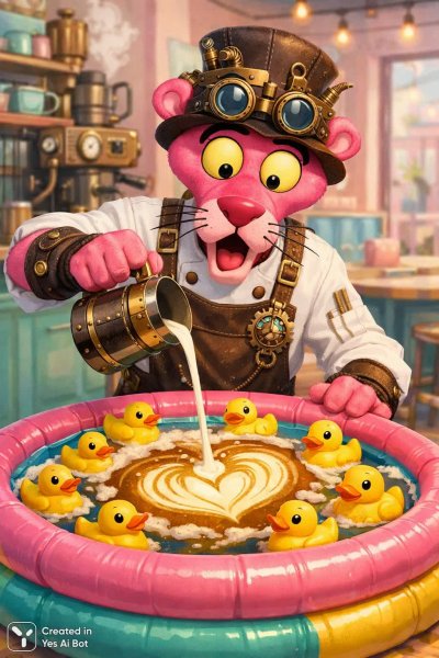 Стимпанк-повар: розовый пантера за латте и утятами. Изображение из нейросети Sora Image