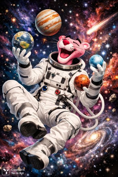 Розовый пантера в космосе: хаотичное веселье и межпланетный цирк. Генерация из нейронной сети Sora Image