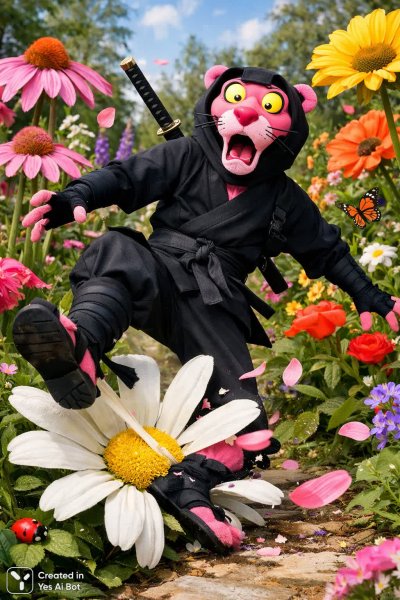 Забавный ниндзя-пантера и цветочный переполох в саду. Изображение из нейронной сети Sora Ai Images