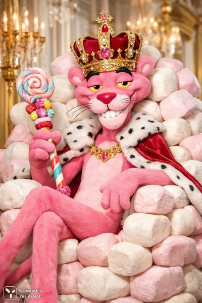 Розовый пантера: король сладостей на облаке зефира. Картинка из нейросети Sora Ai Images