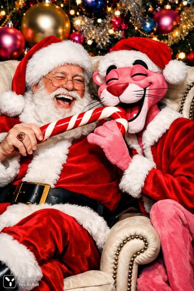 Рождественская встреча Санты и розового пантеры с угощением. Картинка из нейросети Sora Images