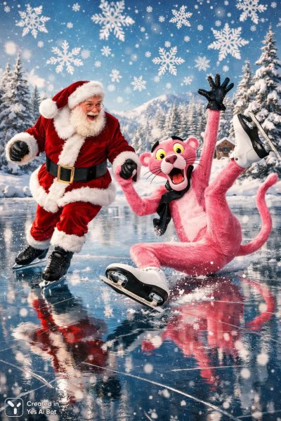 Веселые трюки Санты и розового пантеры на катке зимой. Нейронная сеть Sora Ai Images