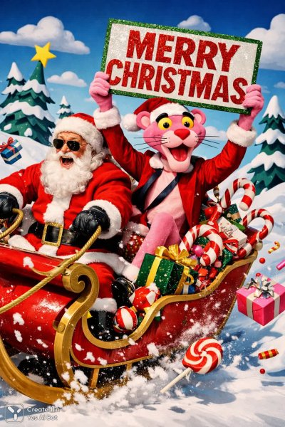 Рождество с Сантой и розовым пантерой: сладкое приключение в санях. Генерация из нейронной сети Sora Images