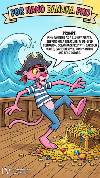 Розовый пантера неуклюжий пират на сокровищах. Генерация из нейросети Nano-Banana