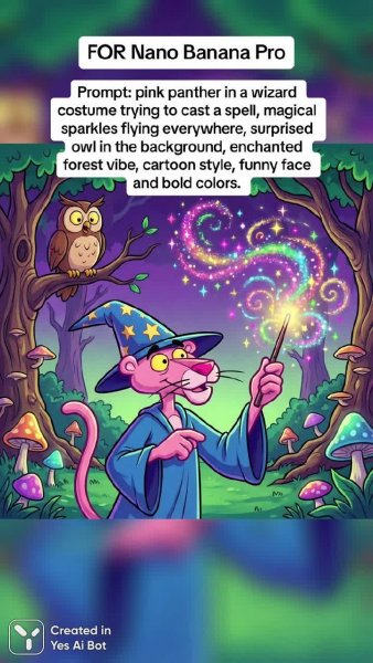 Розовый пантера волшебник колдует в сказочном лесу. Изображение из нейронной сети Нано Банана