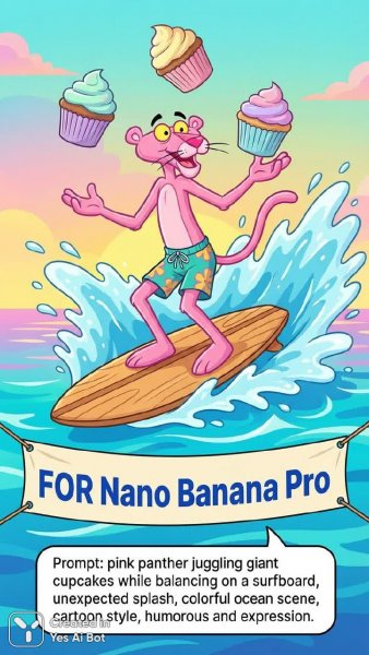 Розовый пантера с гигантскими кексами на серфе. Нейросеть Нано Банана