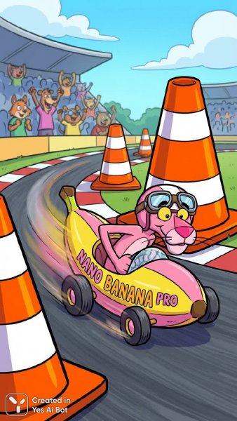 Розовый пантера на трассе: безумные гонки в мультяшном стиле. Картинка из нейронной сети Nano-Banana