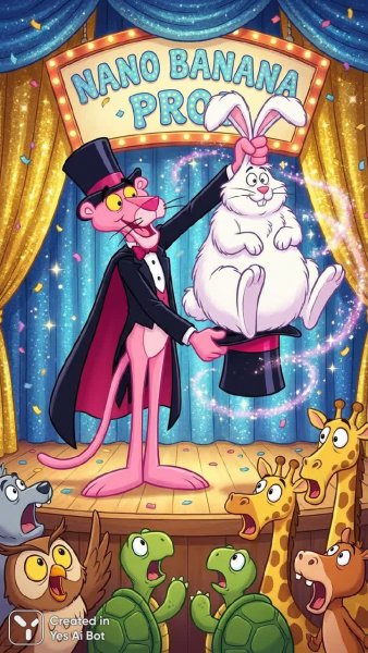 Розовый пантера-волшебник и гигантский кролик из цилиндра. Генерация из нейронной сети Nano Banana