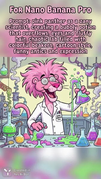 Розовый пантера: безумный ученый и взрывная формула в мультяшном стиле. Нейронная сеть Nano Banana