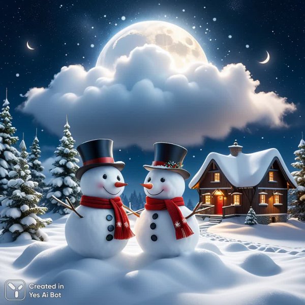 Объятия снеговиков в зимней сказке звездного неба. Картинка из нейронной сети Stable Diffusion