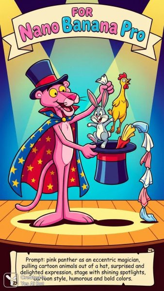 Розовый пантера: эксцентричный маг и волшебный карнавал животных. Изображение из нейронной сети Nano Banana