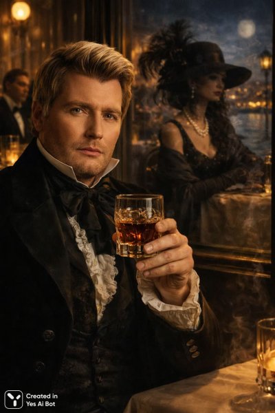 Онегин в ресторане: терпкое вино и очарованный берег души. Нейросеть Sora Ai Images