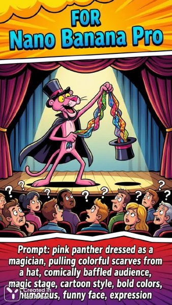 Яркий баннер с Nano Banana Pro и розовым пантерой-магом в мультяшном стиле. Генерация из нейронной сети Nano-Banana