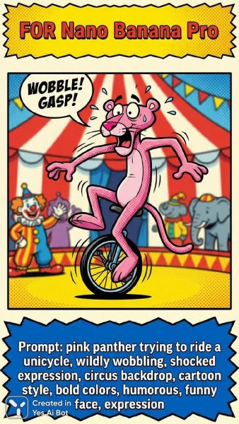 Яркий баннер в стиле комиксов: Nano Banana Pro и розовый пантера на велосипеде. Нейронная сеть Nano-Banana
