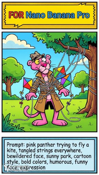 Яркий баннер в стиле комикса: Nano Banana Pro и розовый пантера с воздушным змеем. Нейронная сеть NanoBanana