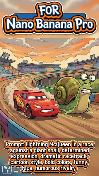 Яркий баннер в стиле граффити для Nano Banana Pro и забавного противостояния Молнии Маккуина и гигантского улитки. Картинка из нейронной сети Nano-Banana