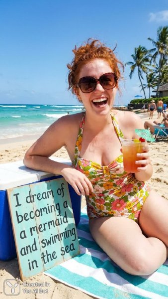 Девушка на пляже мечтает о море и русалках. Картинка из нейросети Нано Банана