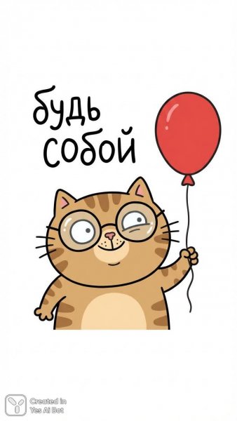 Кот в очках с шариком - будь собой!. Изображение из нейронной сети Nano-Banana