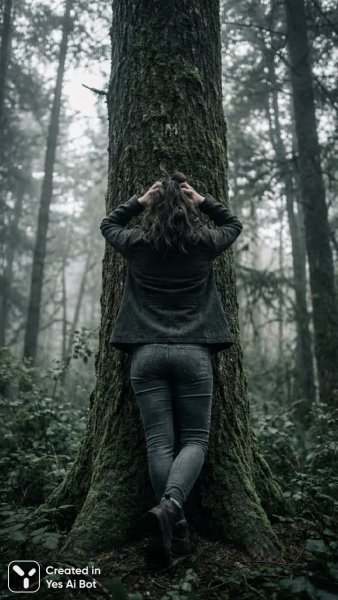 Эффектный силуэт у дерева: взгляд со спины. Генерация из нейросети Nano-Banana