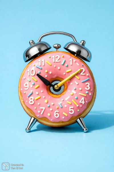 Забавные часы с пончиком вместо циферблата в нежных тонах. Изображение из нейросети Sora images Ai