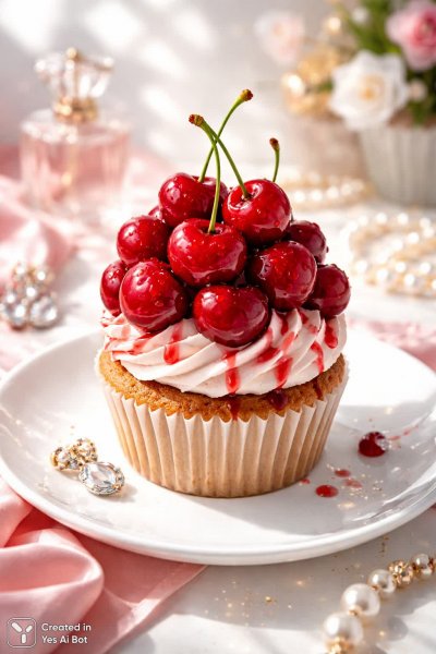 Изысканный десерт: кекс с вишней на белоснежном блюде. Генерация из нейросети Sora Images