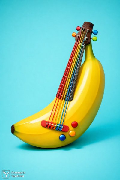 Сюрреалистичная гитара в форме банана с необычными струнами из спагетти. Картинка из нейросети Sora Images